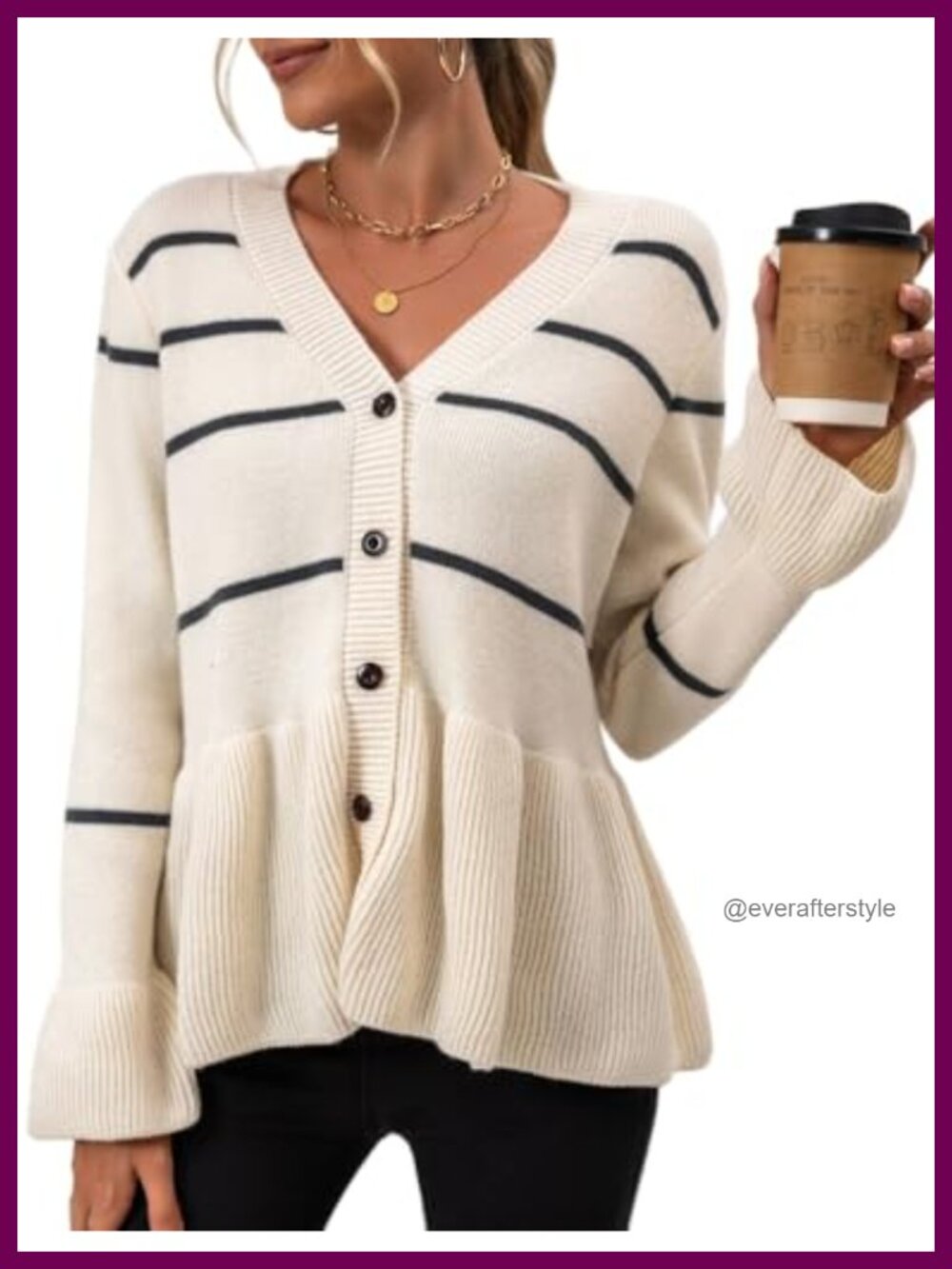 Striped Knit Cardigan V-Neck Button Down Peplum Sweater Women